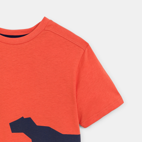 تيشيرت بأكمام قصيرة، مُزيّن برسمة ديناصور، باللون البرتقالي للفتيان